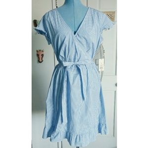 Blue and White Striped Surplice Waist Tie Dress